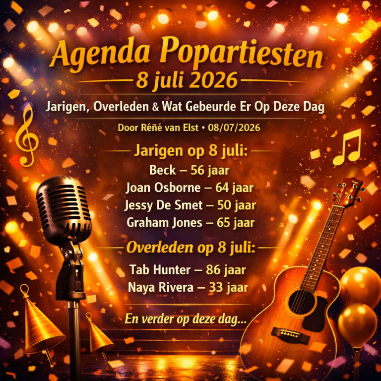 Agenda Popartiesten 8 juli 2026: Jarigen, Overleden en Wat Gebeurde Er Op Deze Dag